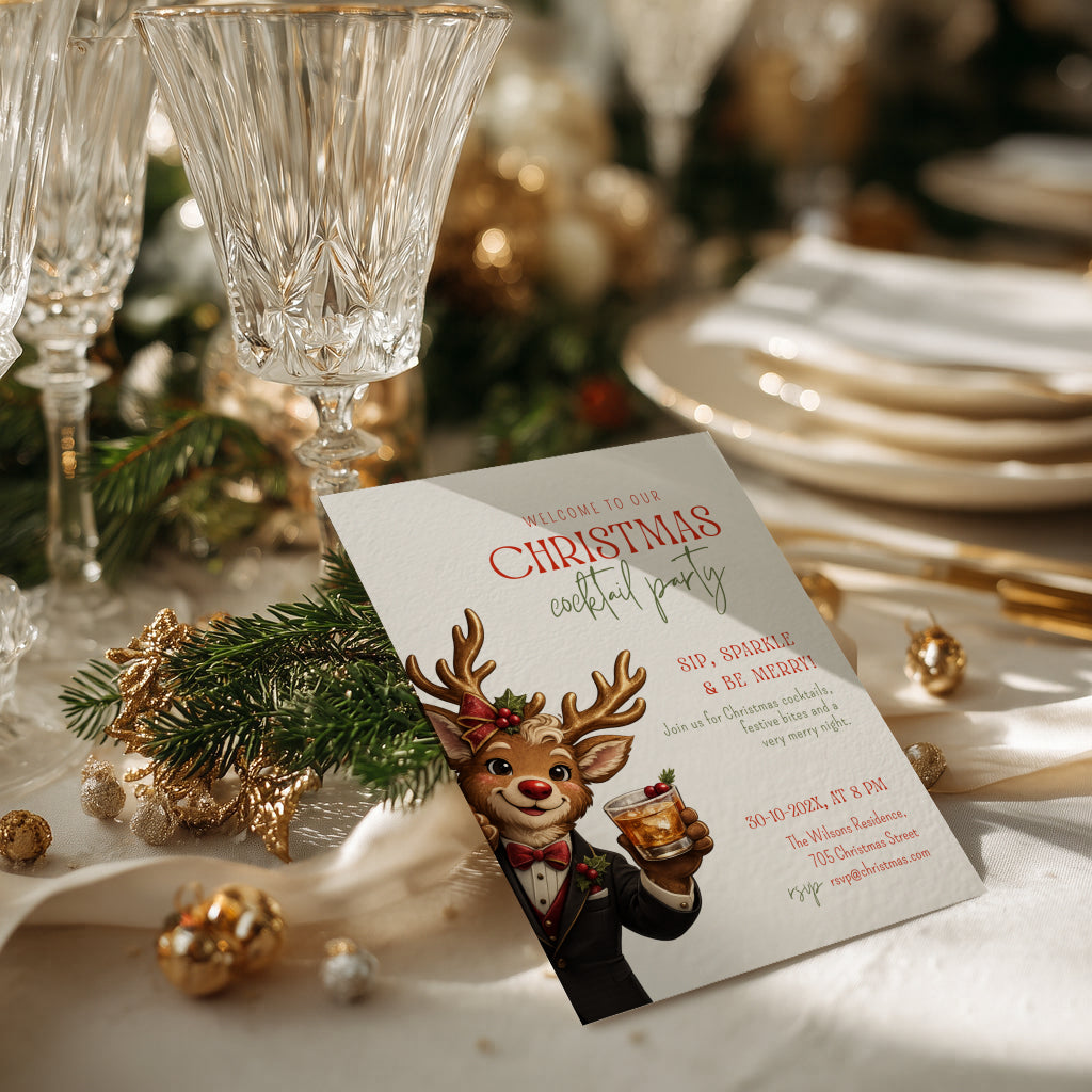 Christmas cocktail party invitation with reindeer illustration for a festive holiday celebration