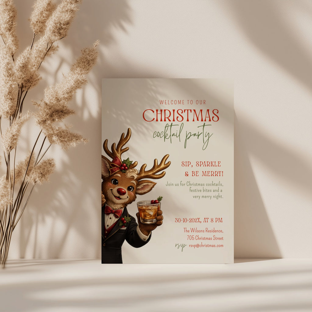 Christmas cocktail party invitation with reindeer illustration for a festive holiday celebration