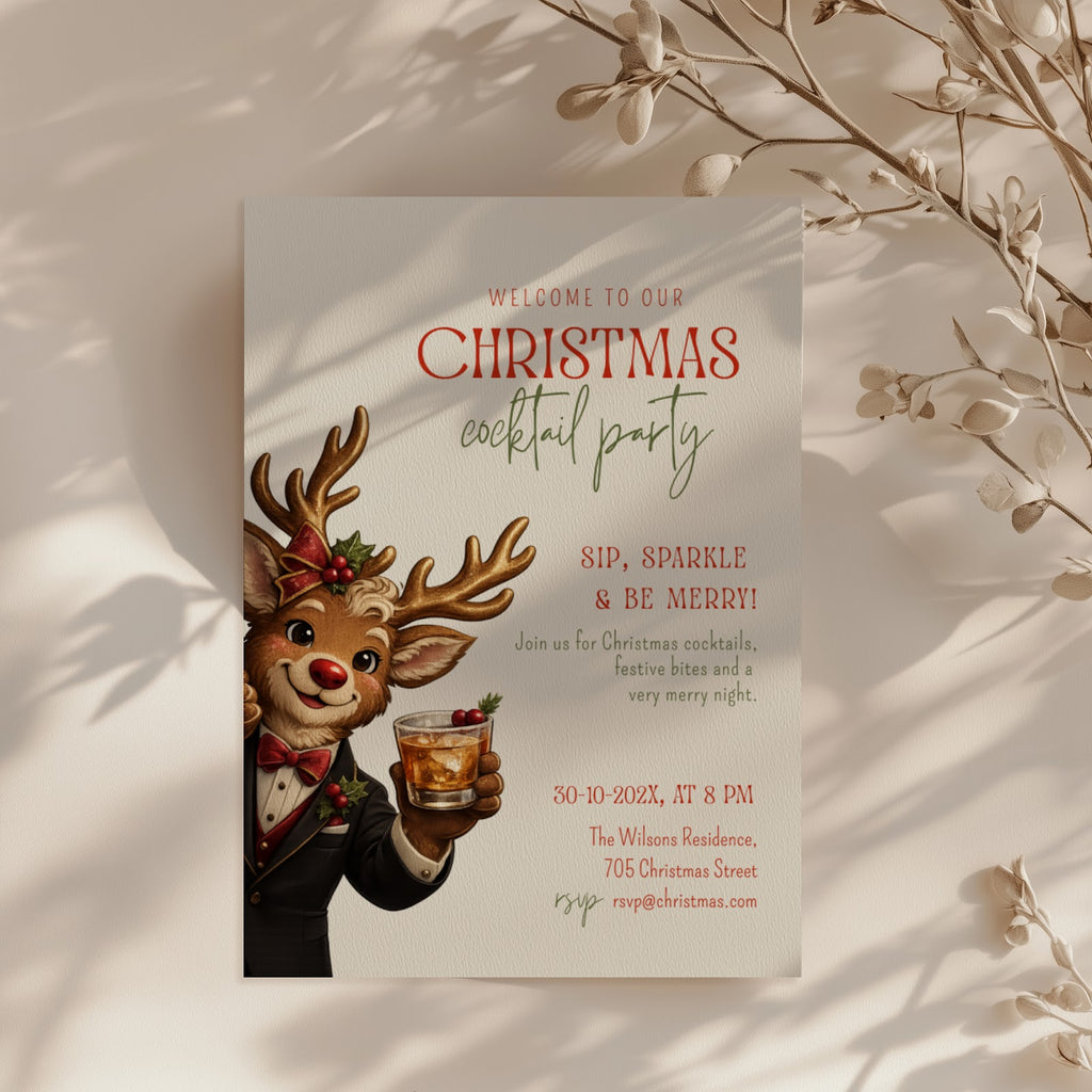 Christmas cocktail party invitation with reindeer illustration for a festive holiday celebration