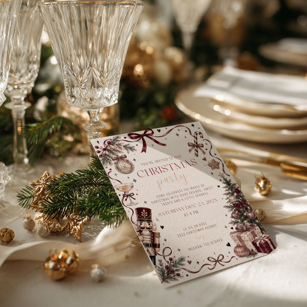 Christmas party invitation with elegant burgundy design for a sophisticated holiday celebration