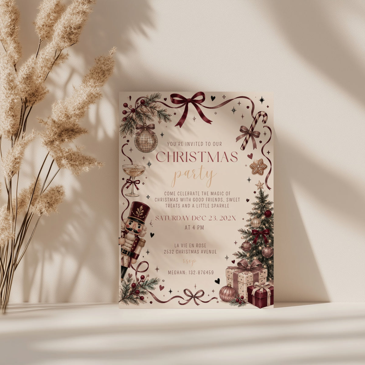 Christmas party invitation with elegant burgundy design for a sophisticated holiday celebration
