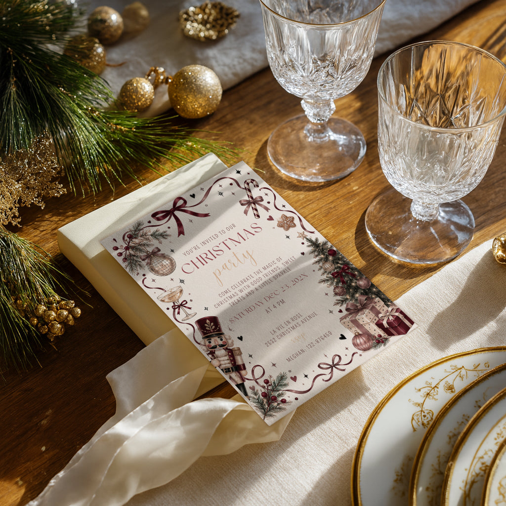 Christmas party invitation with elegant burgundy design for a sophisticated holiday celebration