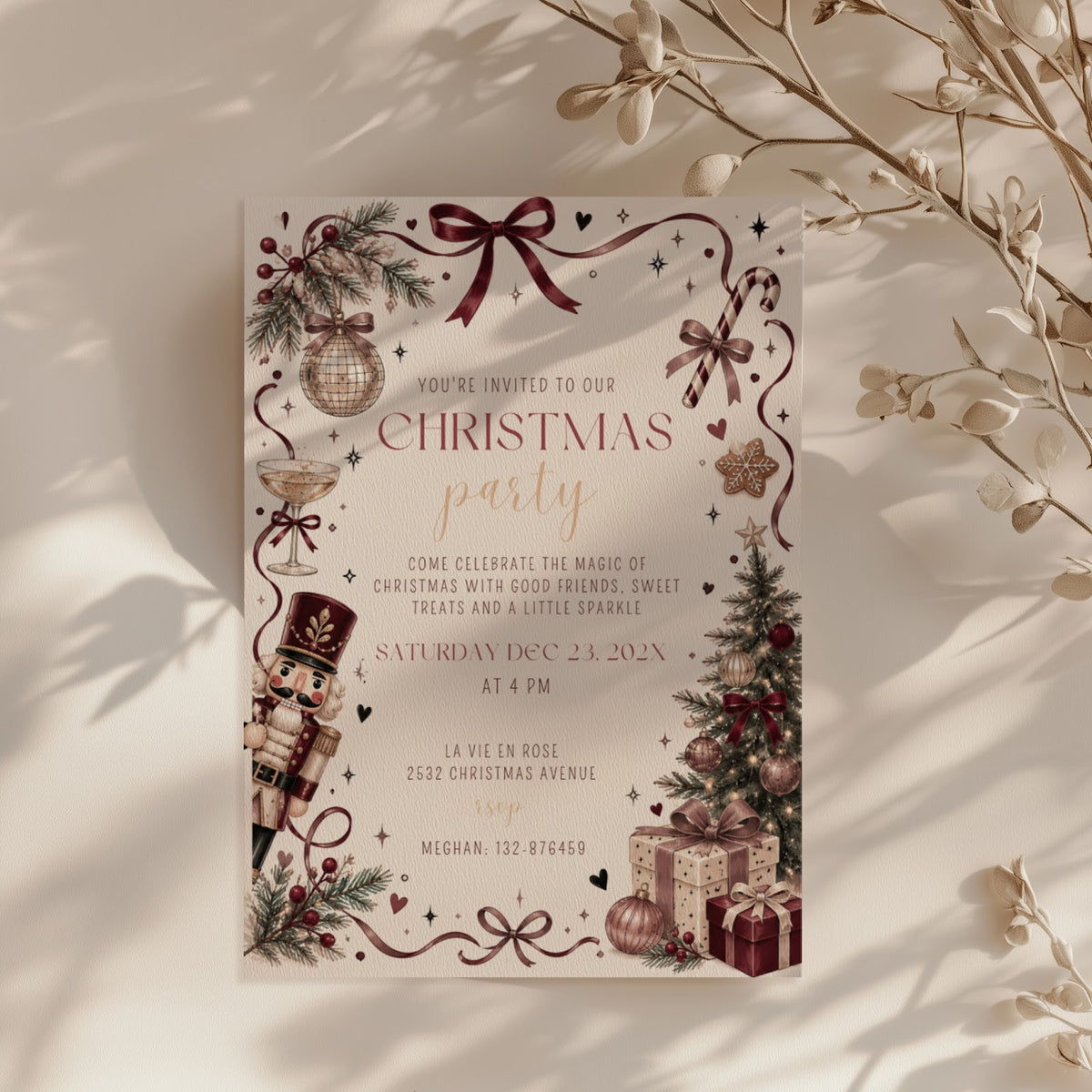 Christmas party invitation with elegant burgundy design for a sophisticated holiday celebration
