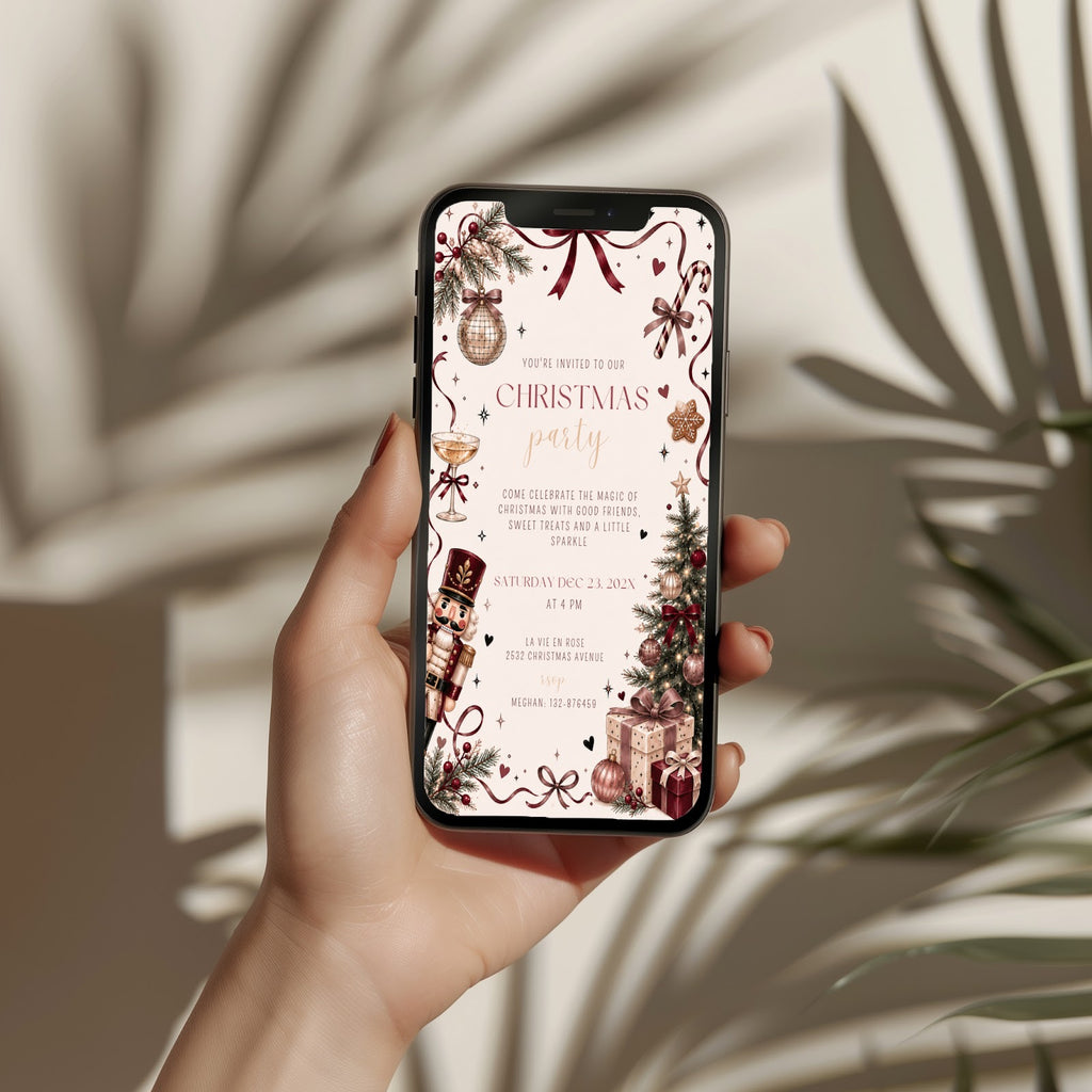 Christmas party invitation with elegant burgundy design, digital phone invitation version for a sophisticated holiday celebration