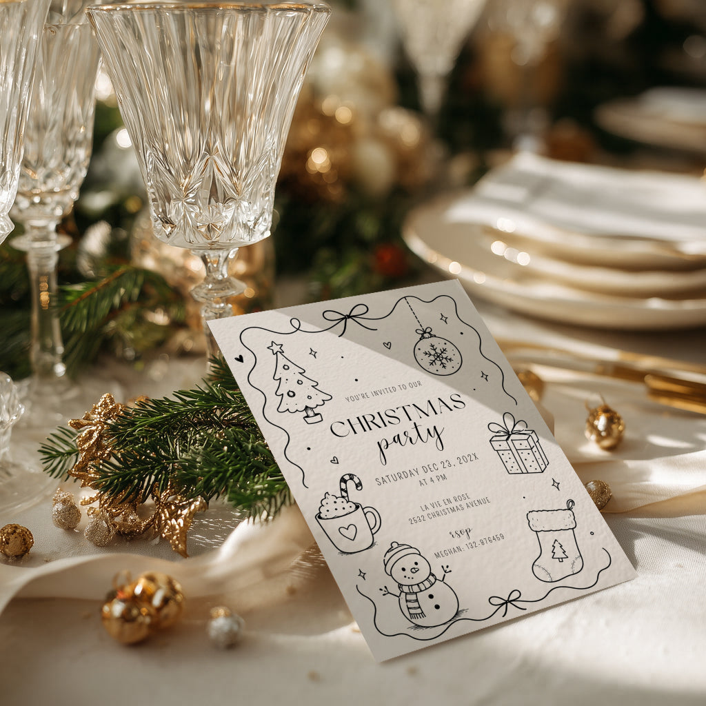 Christmas party invitation with minimal black line art design for a modern holiday celebration