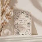 Christmas party invitation with minimal black line art design for a modern holiday celebration