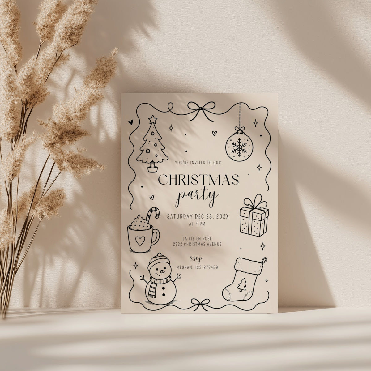 Christmas party invitation with minimal black line art design for a modern holiday celebration