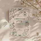 Christmas party invitation with minimal black line art design for a modern holiday celebration