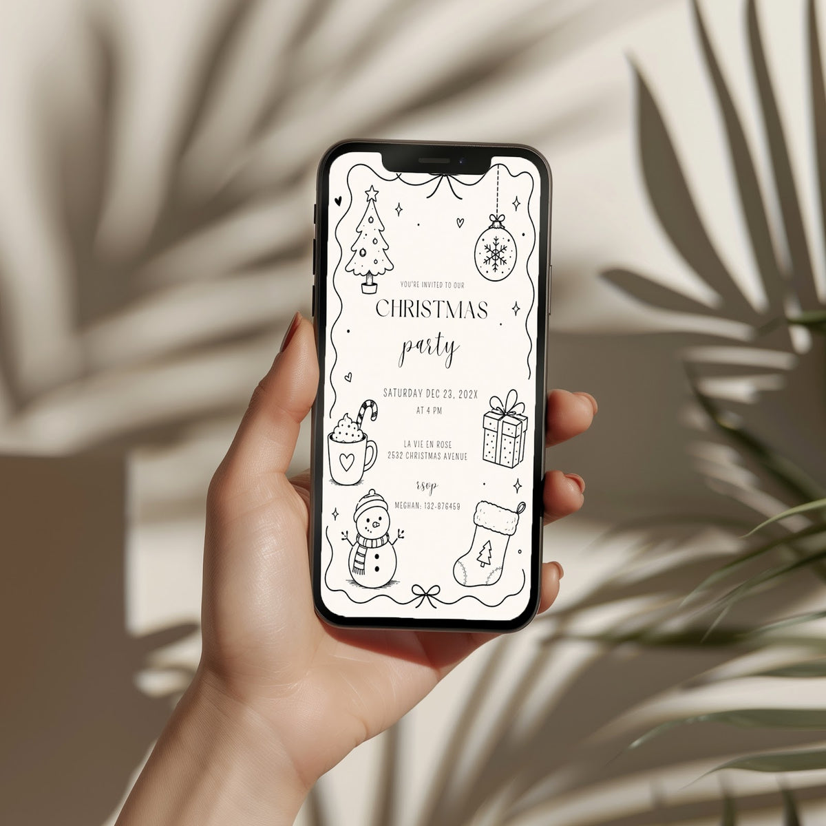 Christmas party invitation with minimal black line art design, digital phone invitation version for a modern holiday celebration