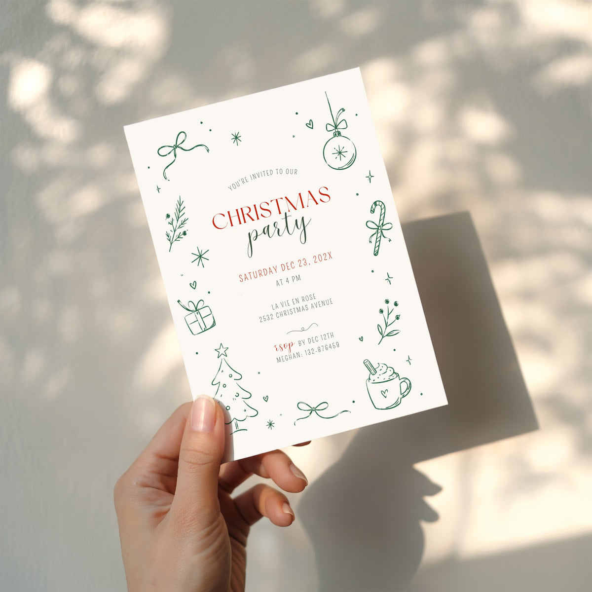 Christmas party invitation with minimal green line art design for a modern holiday celebration