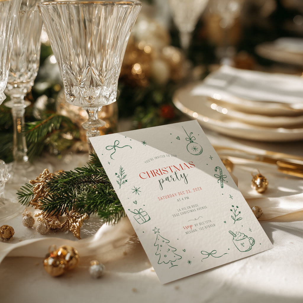 Christmas party invitation with minimal green line art design for a modern holiday celebration