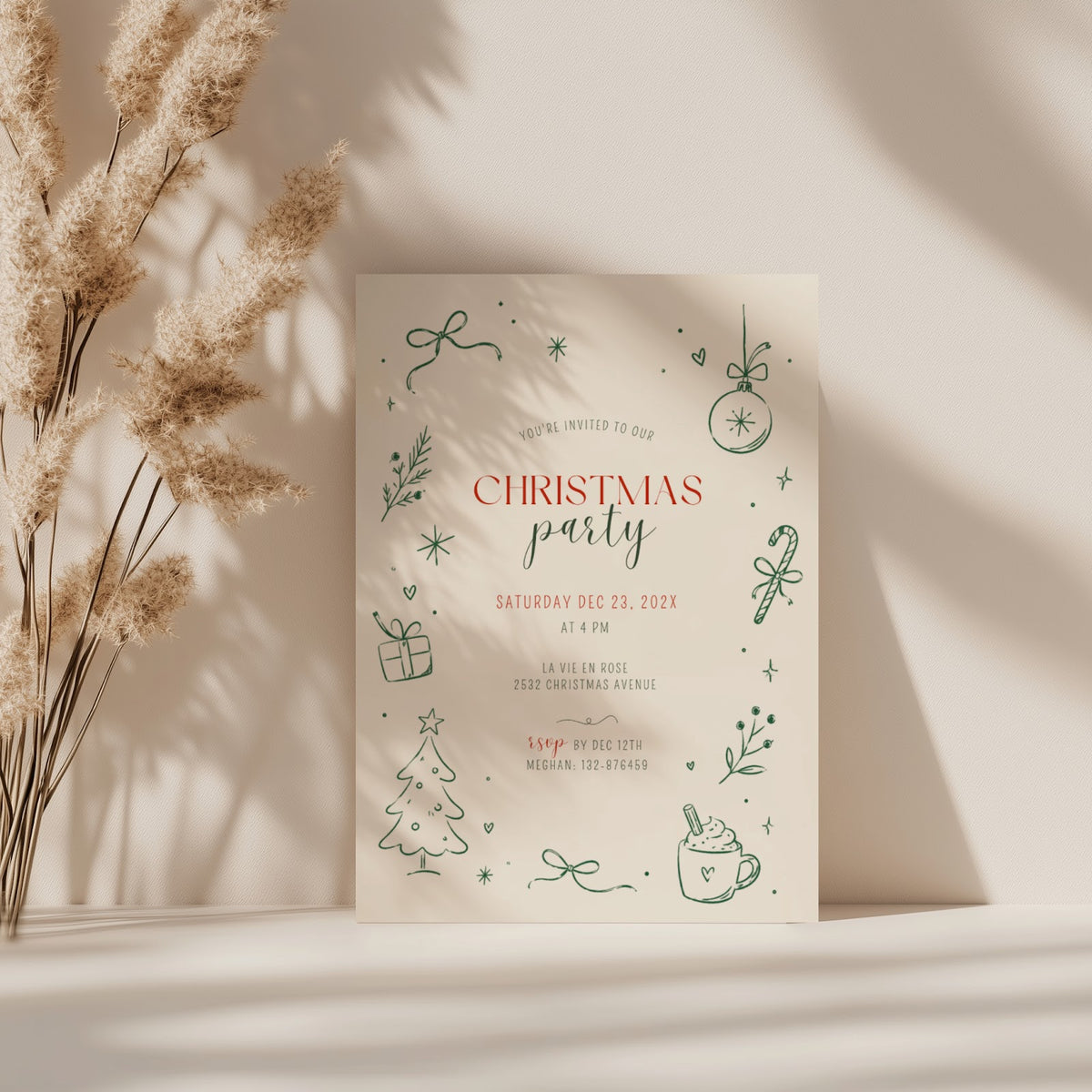 Christmas party invitation with minimal green line art design for a modern holiday celebration