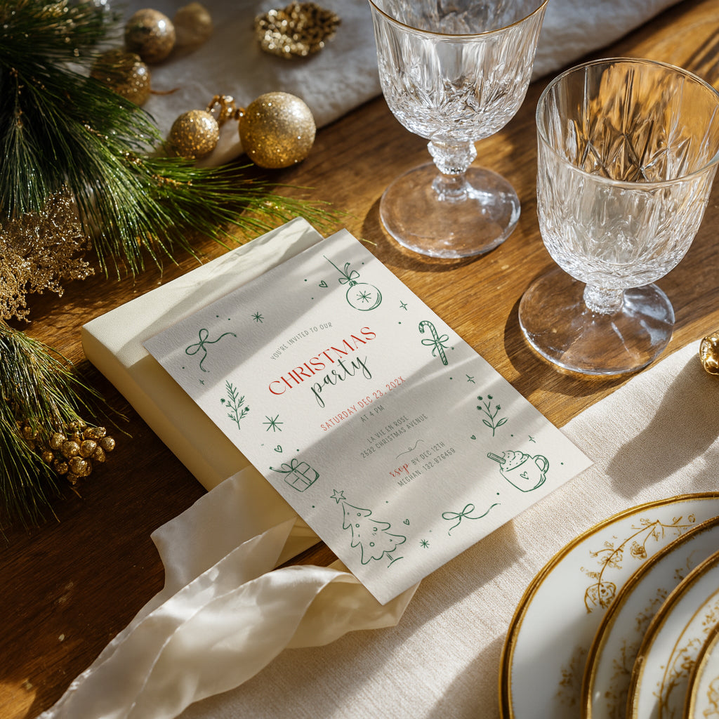 Christmas party invitation with minimal green line art design for a modern holiday celebration