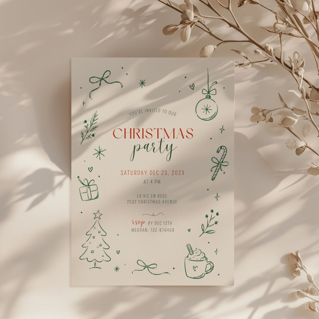 Christmas party invitation with minimal green line art design for a modern holiday celebration