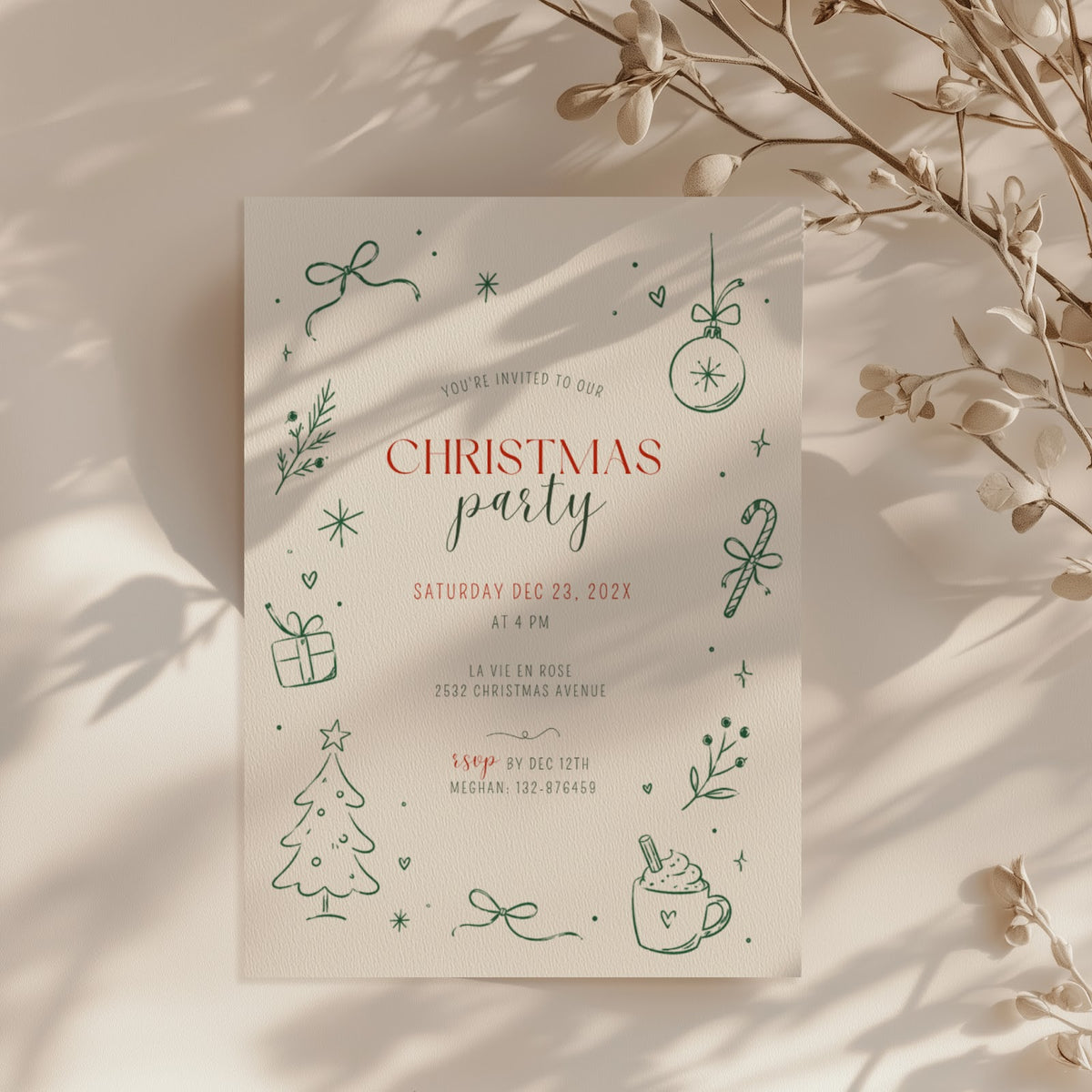 Christmas party invitation with minimal green line art design for a modern holiday celebration