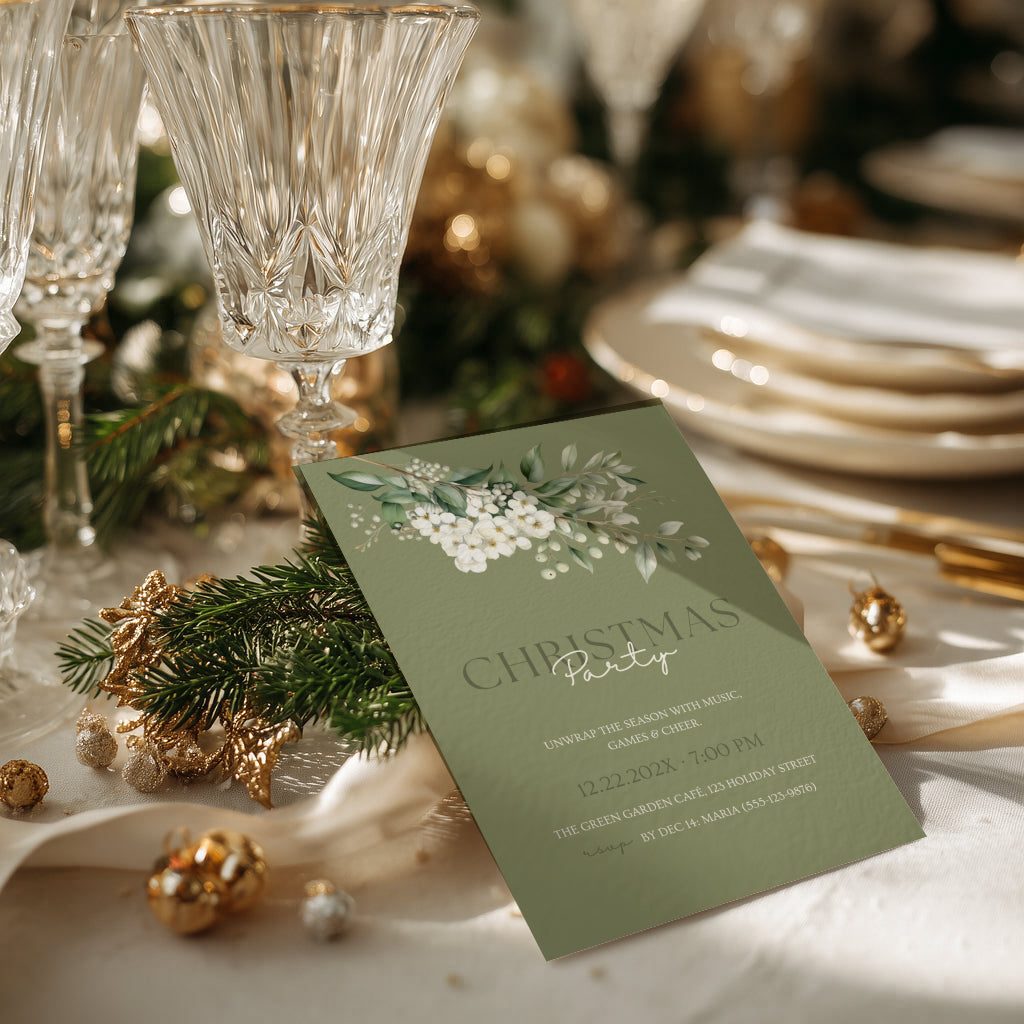 Christmas party invitation with elegant sage green floral design for a festive holiday celebration