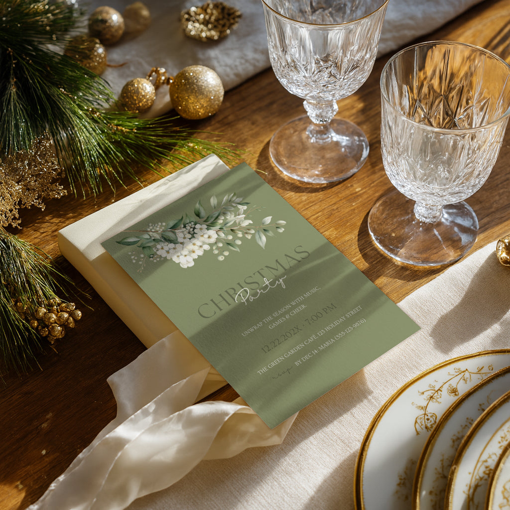 Christmas party invitation with elegant sage green floral design for a festive holiday celebration