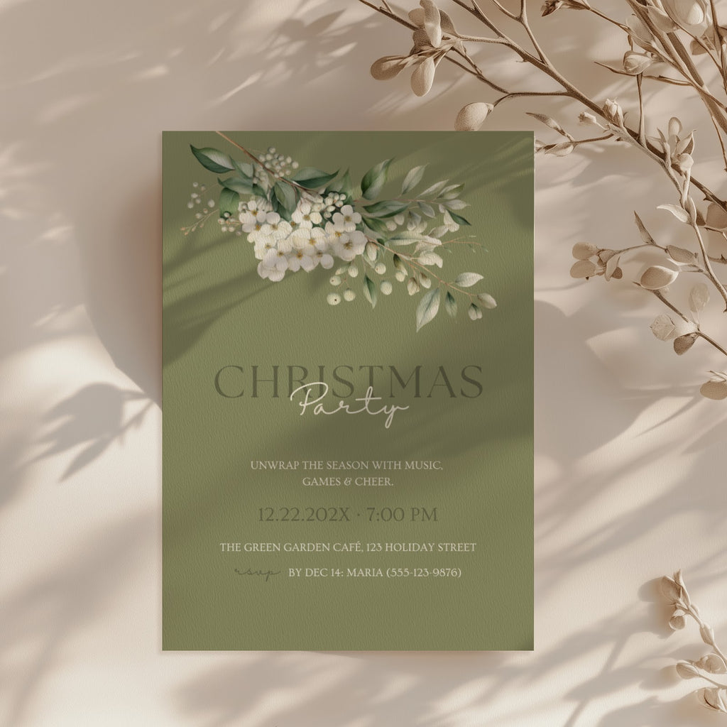 Christmas party invitation with elegant sage green floral design for a festive holiday celebration
