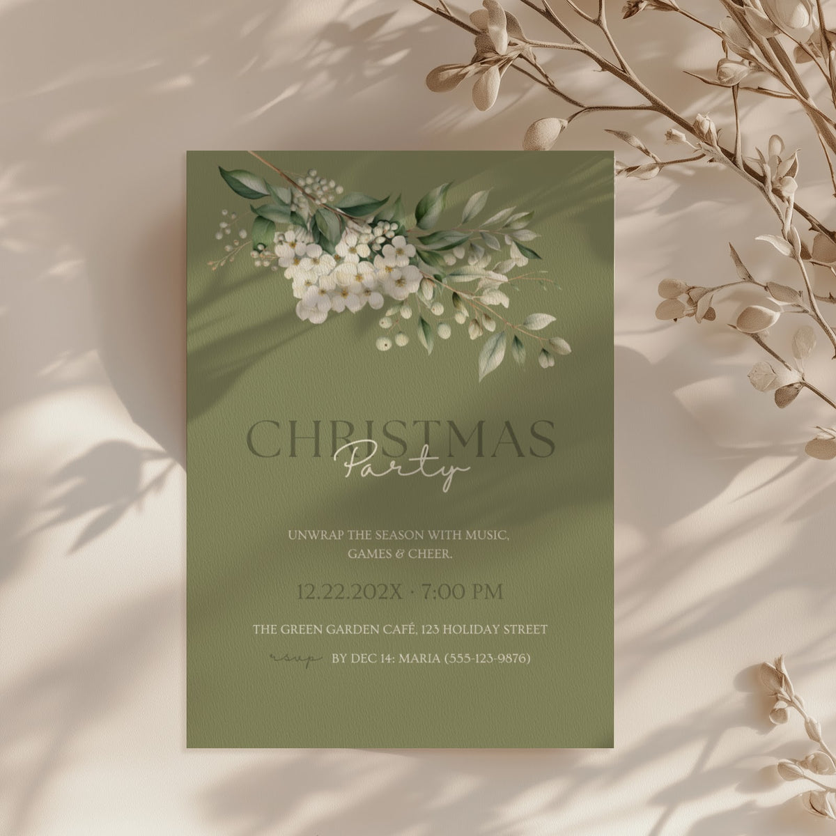 Christmas party invitation with elegant sage green floral design for a festive holiday celebration