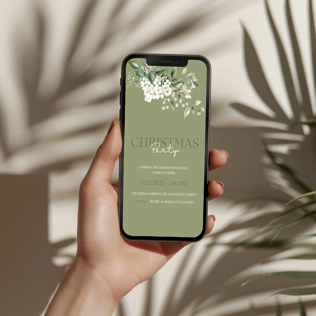 Christmas party invitation with elegant sage green floral design, digital phone invitation version for a festive holiday celebration