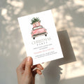 Christmas party invitation with pink vintage car illustration for a festive holiday celebration