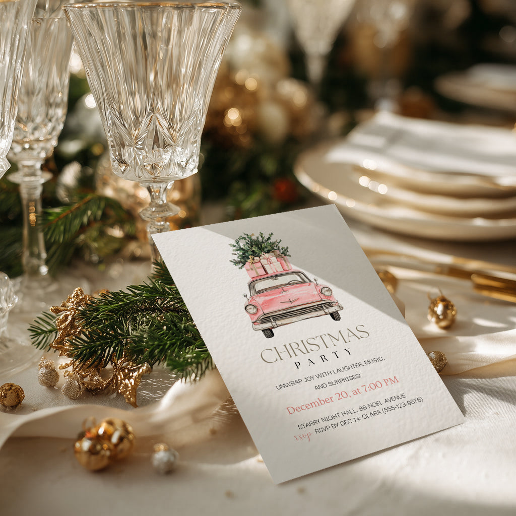 Christmas party invitation with pink vintage car illustration for a festive holiday celebration