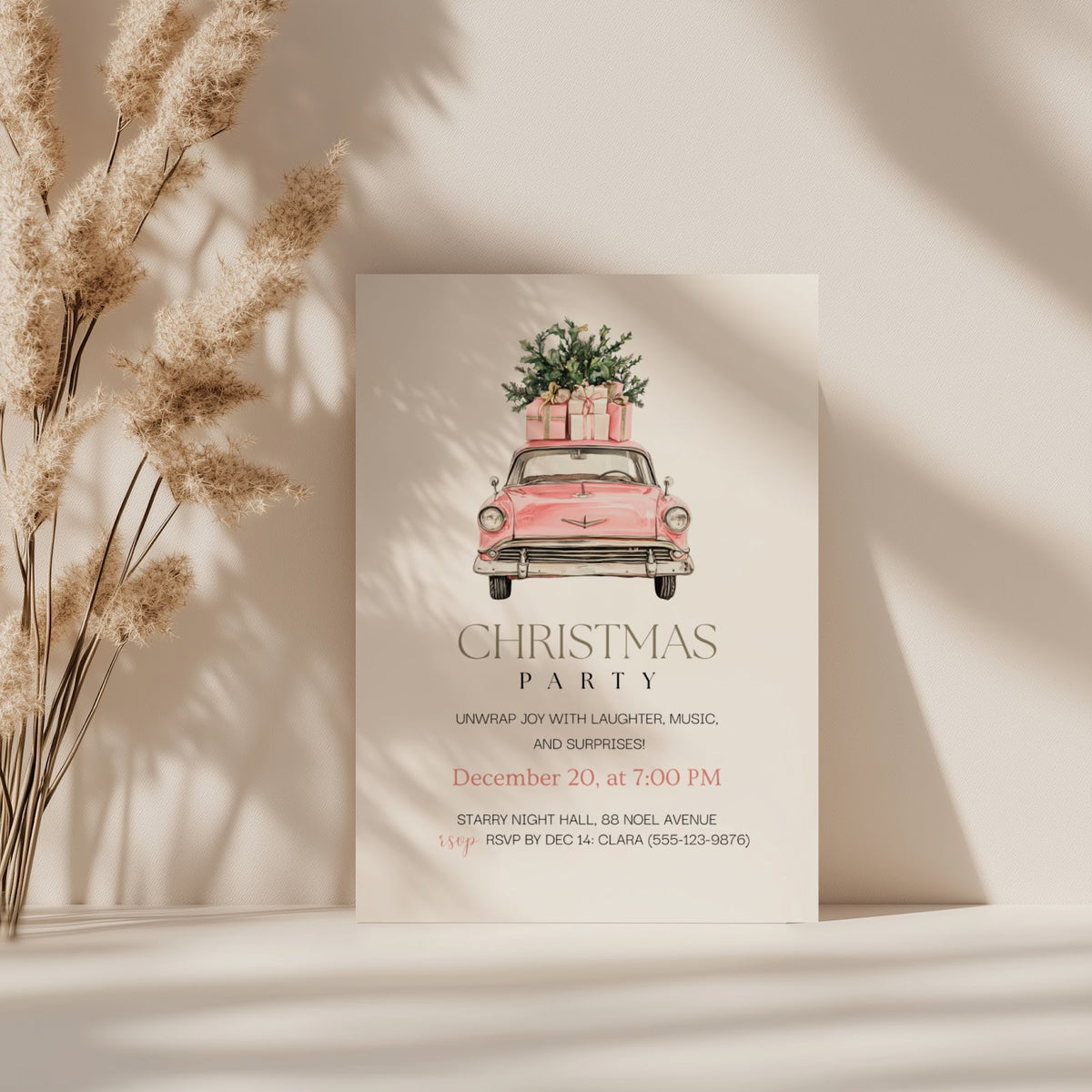 Christmas party invitation with pink vintage car illustration for a festive holiday celebration
