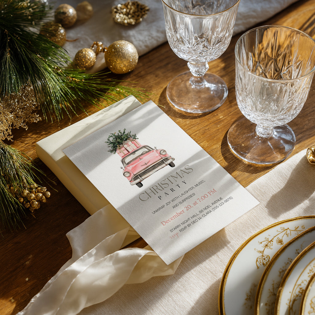 Christmas party invitation with pink vintage car illustration for a festive holiday celebration