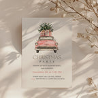 Christmas party invitation with pink vintage car illustration for a festive holiday celebration