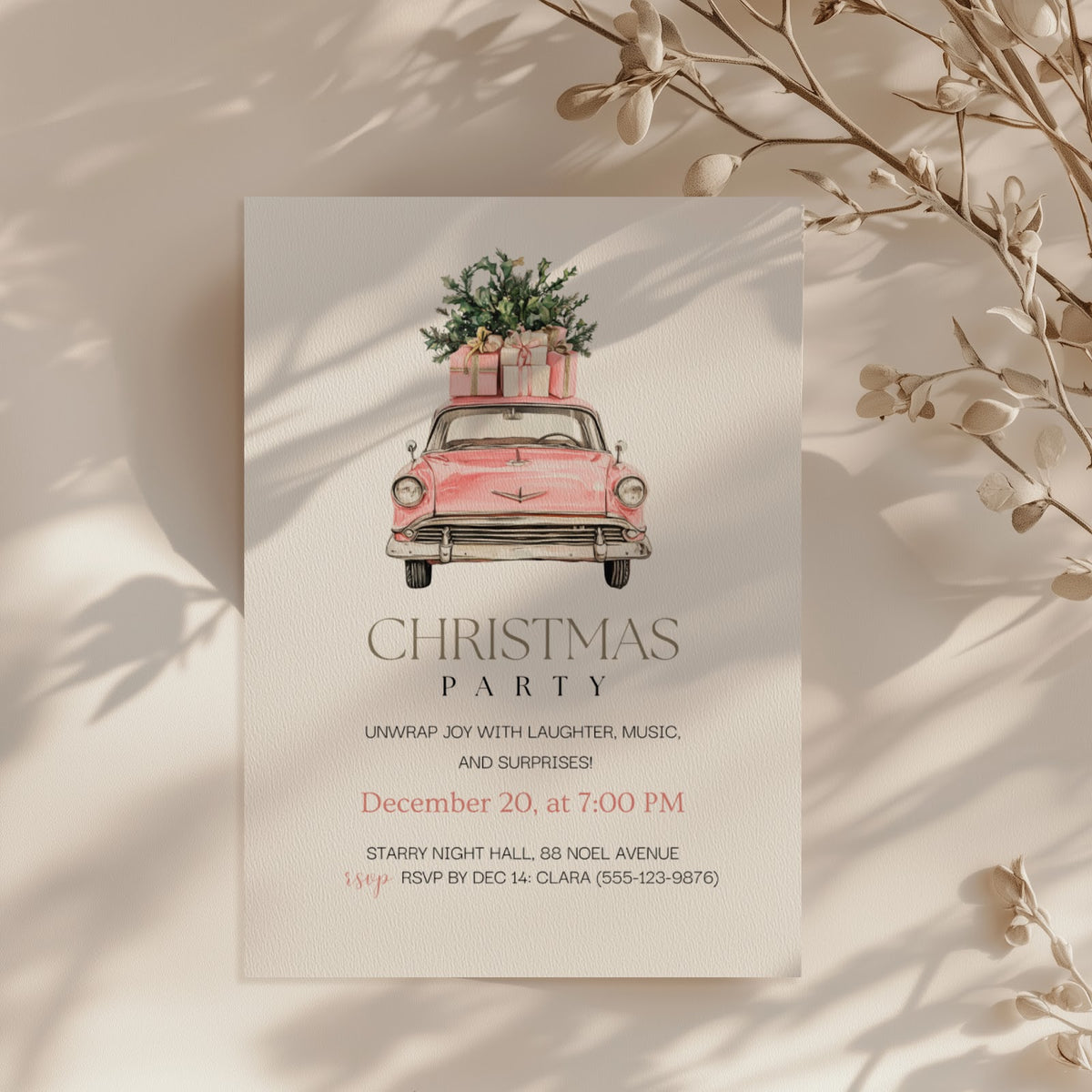 Christmas party invitation with pink vintage car illustration for a festive holiday celebration