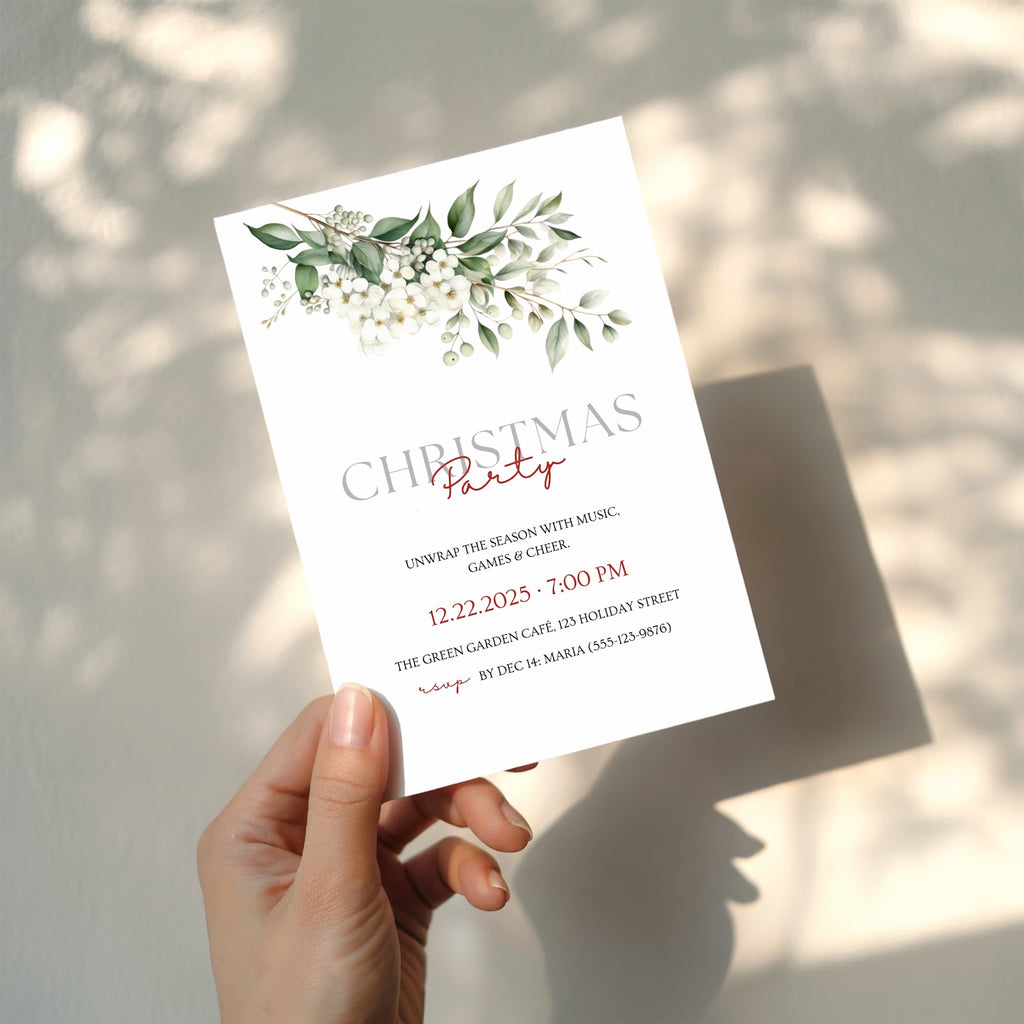 Christmas party invitation with elegant white floral design for a festive holiday celebration