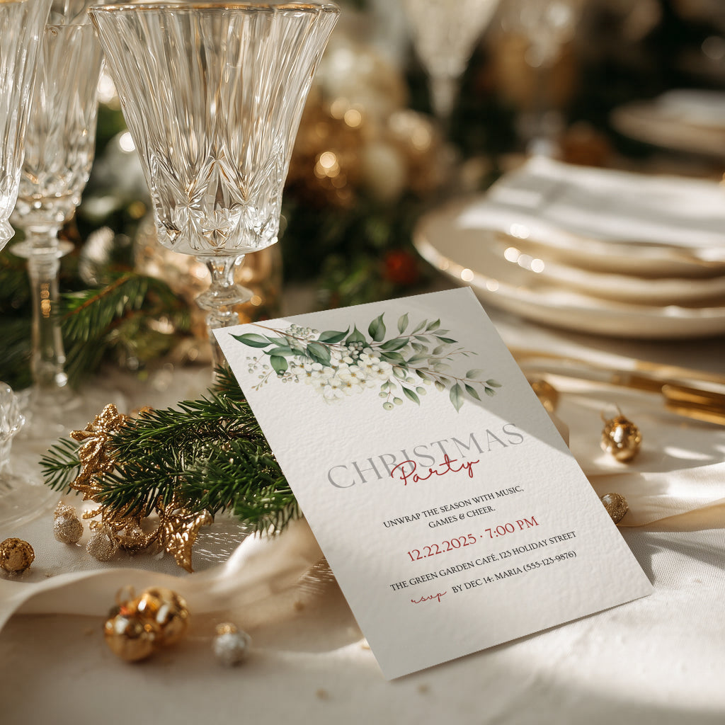 Christmas party invitation with elegant white floral design for a festive holiday celebration