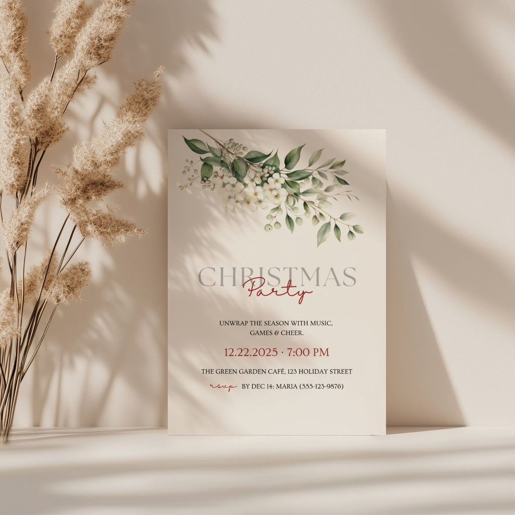 Christmas party invitation with elegant white floral design for a festive holiday celebration
