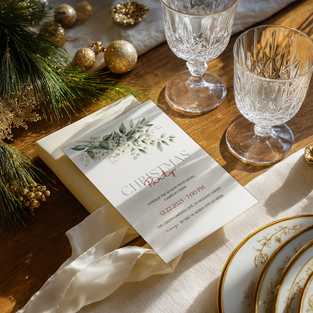 Christmas party invitation with elegant white floral design for a festive holiday celebration
