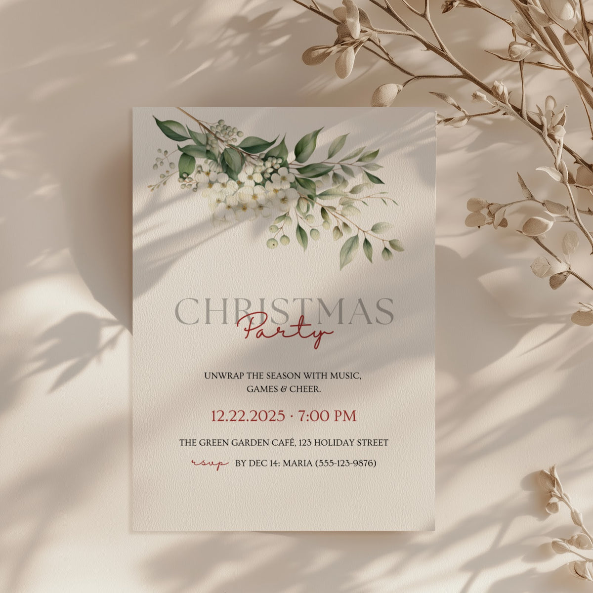 Christmas party invitation with elegant white floral design for a festive holiday celebration