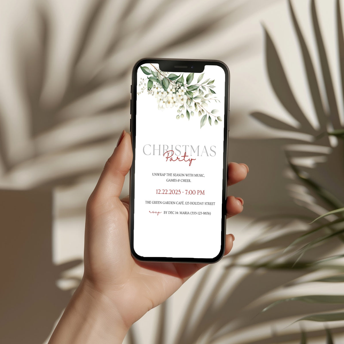 Christmas party invitation with elegant white floral design, digital phone invitation version for a festive holiday celebration