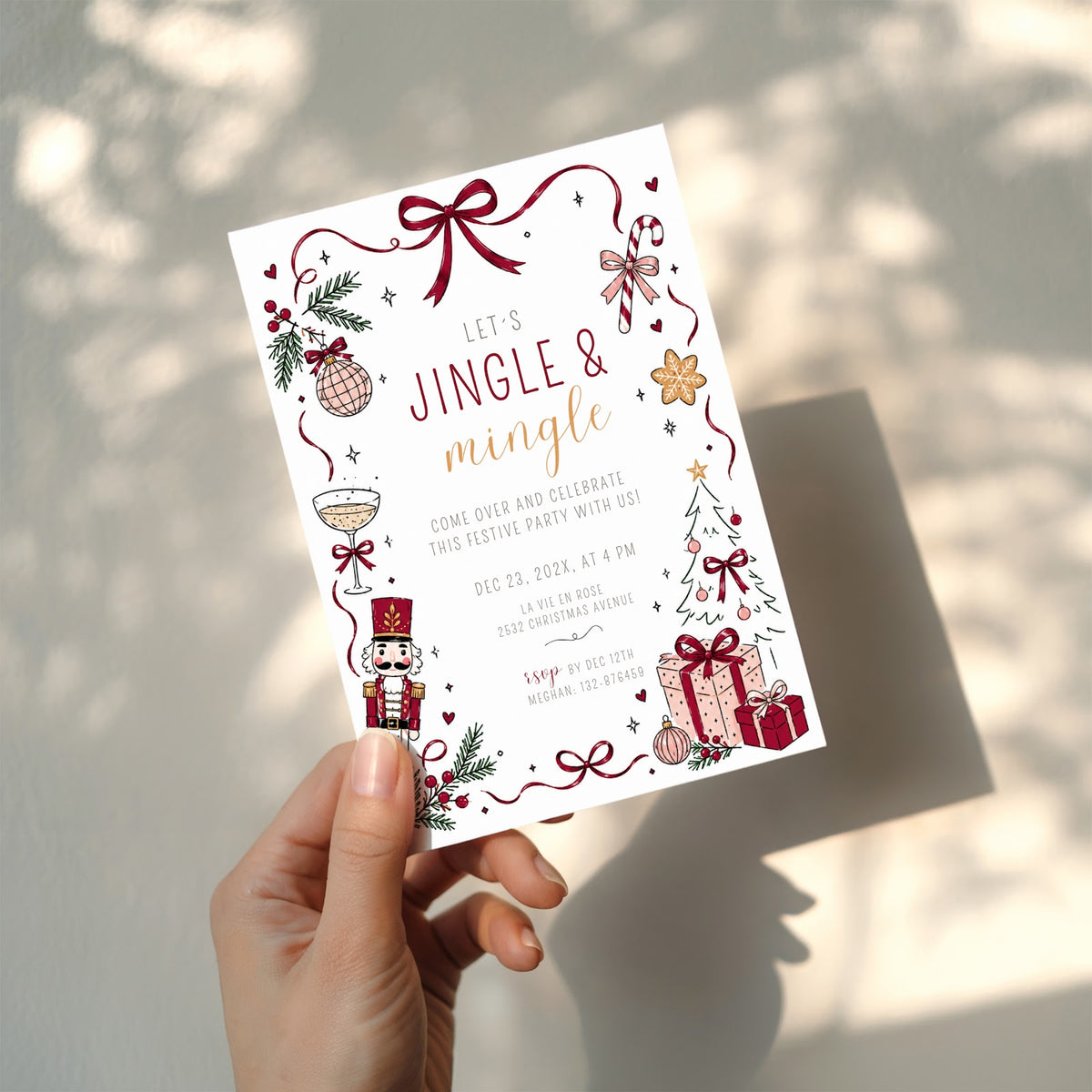 Jingle and Mingle Christmas party invitation with burgundy design for a festive holiday celebration