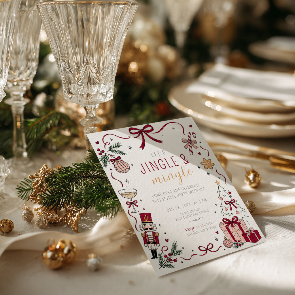Jingle and Mingle Christmas party invitation with burgundy design for a festive holiday celebration