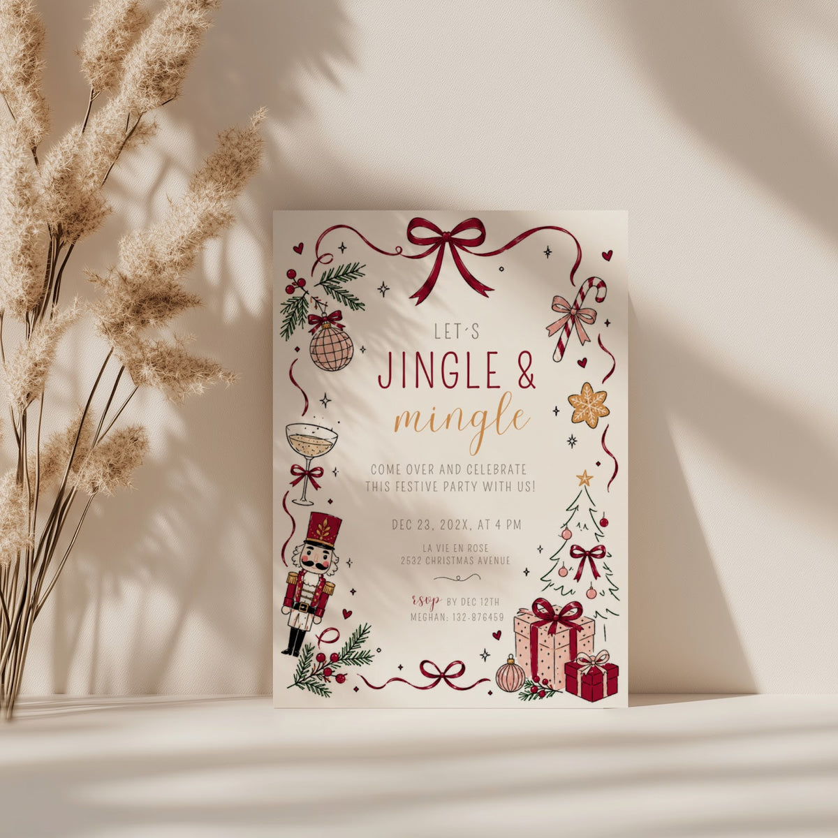 Jingle and Mingle Christmas party invitation with burgundy design for a festive holiday celebration