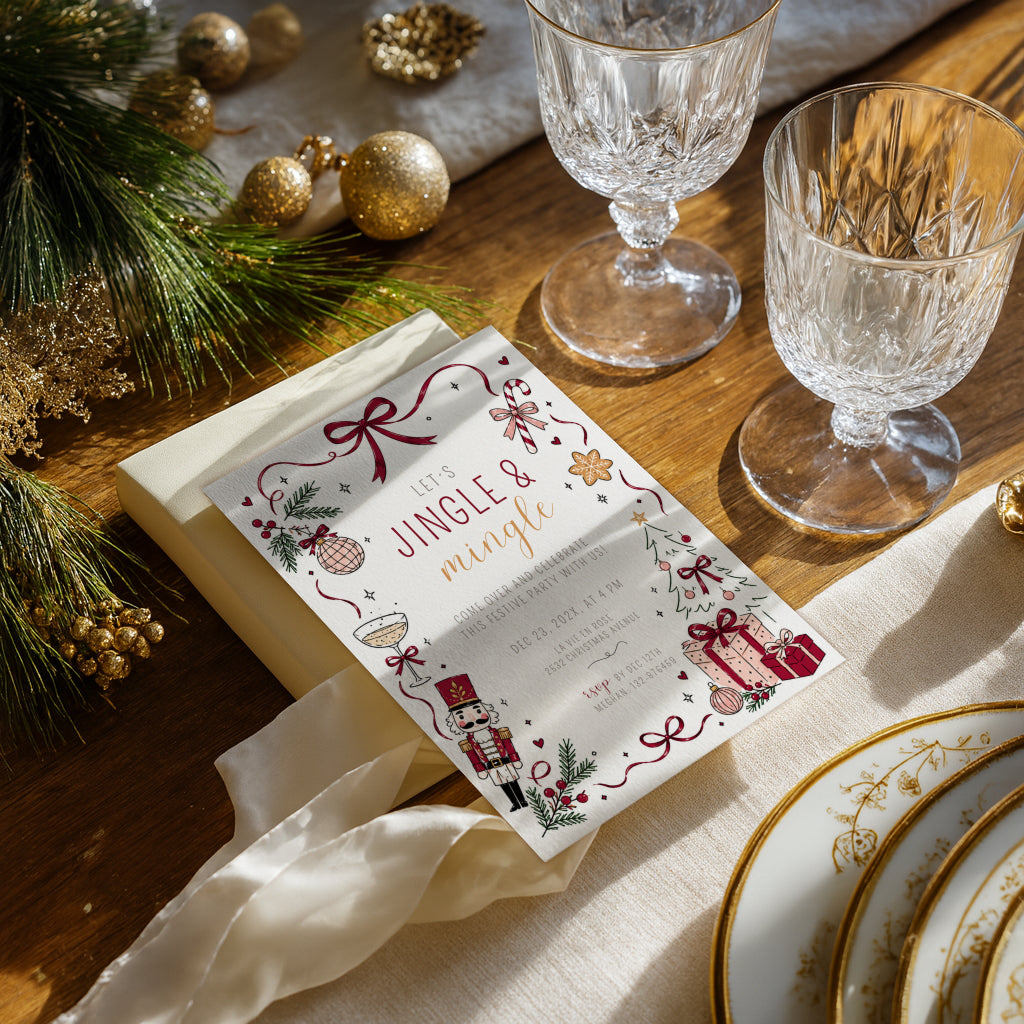 Jingle and Mingle Christmas party invitation with burgundy design for a festive holiday celebration