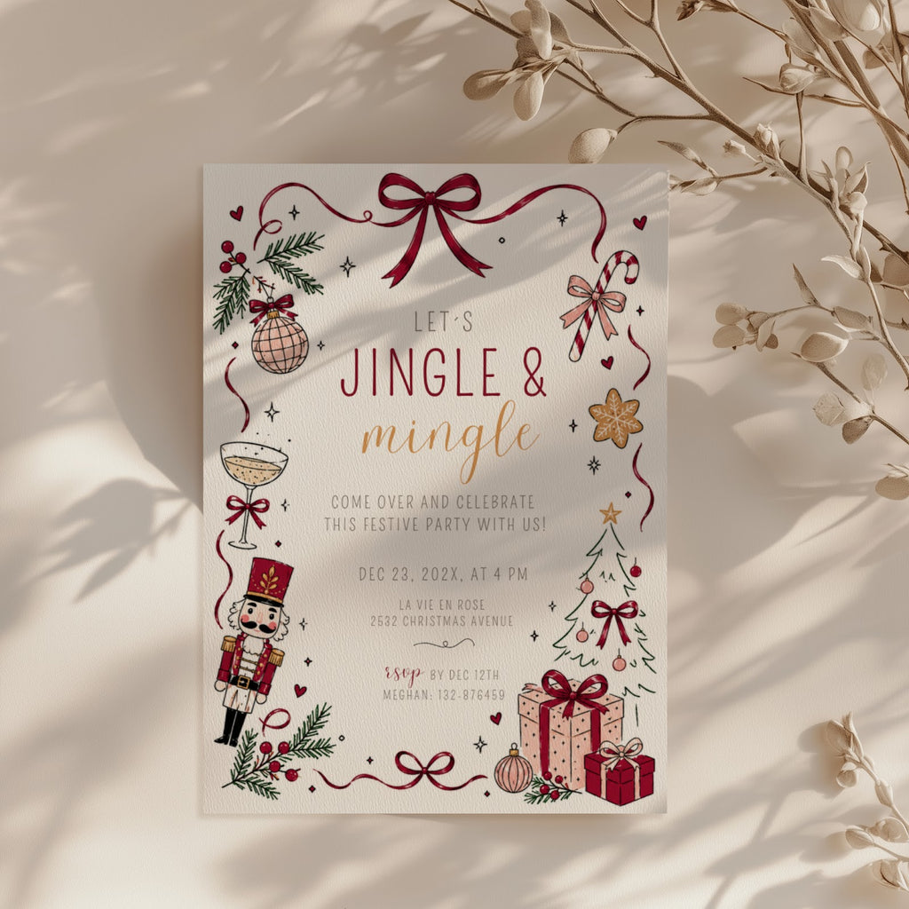 Jingle and Mingle Christmas party invitation with burgundy design for a festive holiday celebration