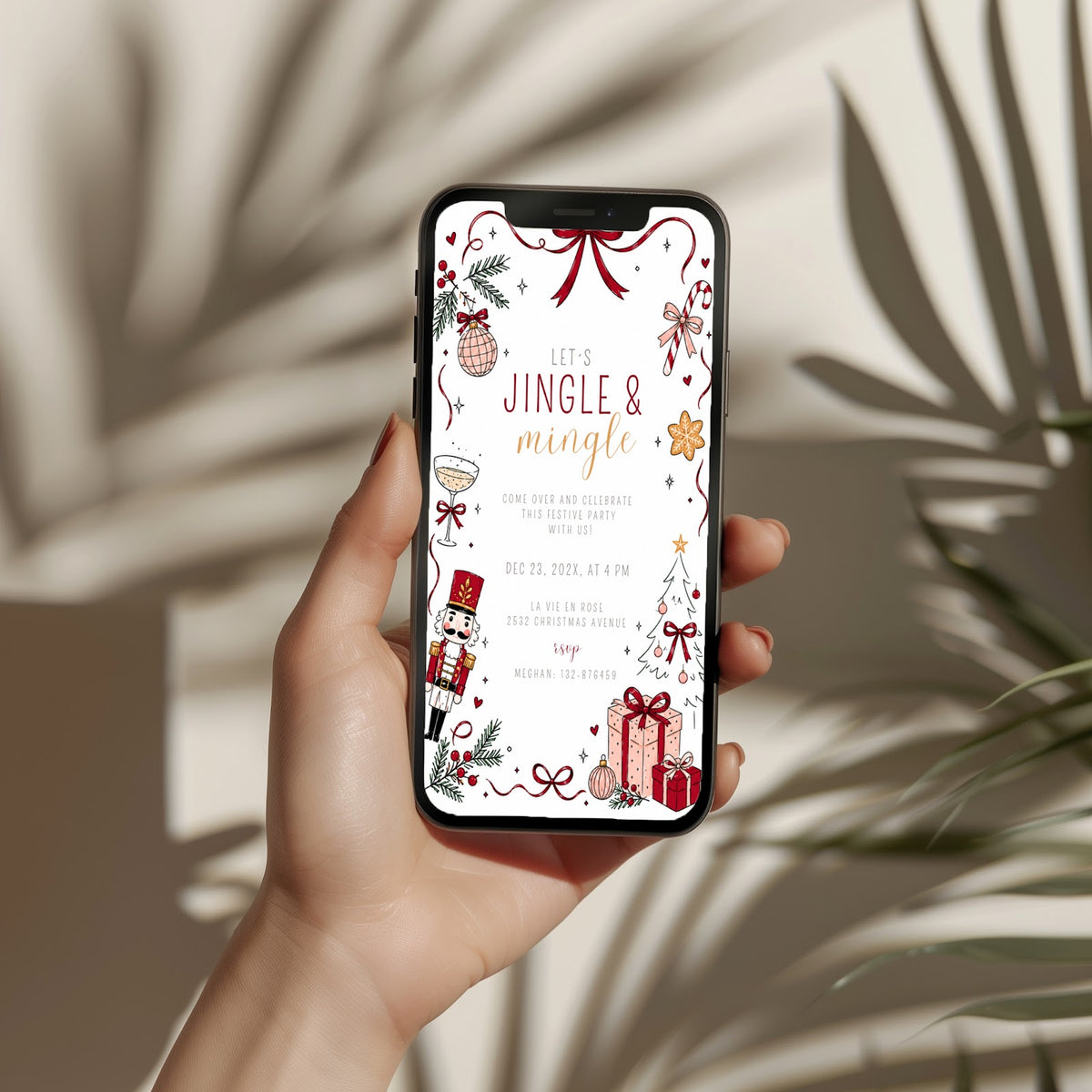 Jingle and Mingle Christmas party invitation with burgundy design, digital phone invitation version for a festive holiday celebration
