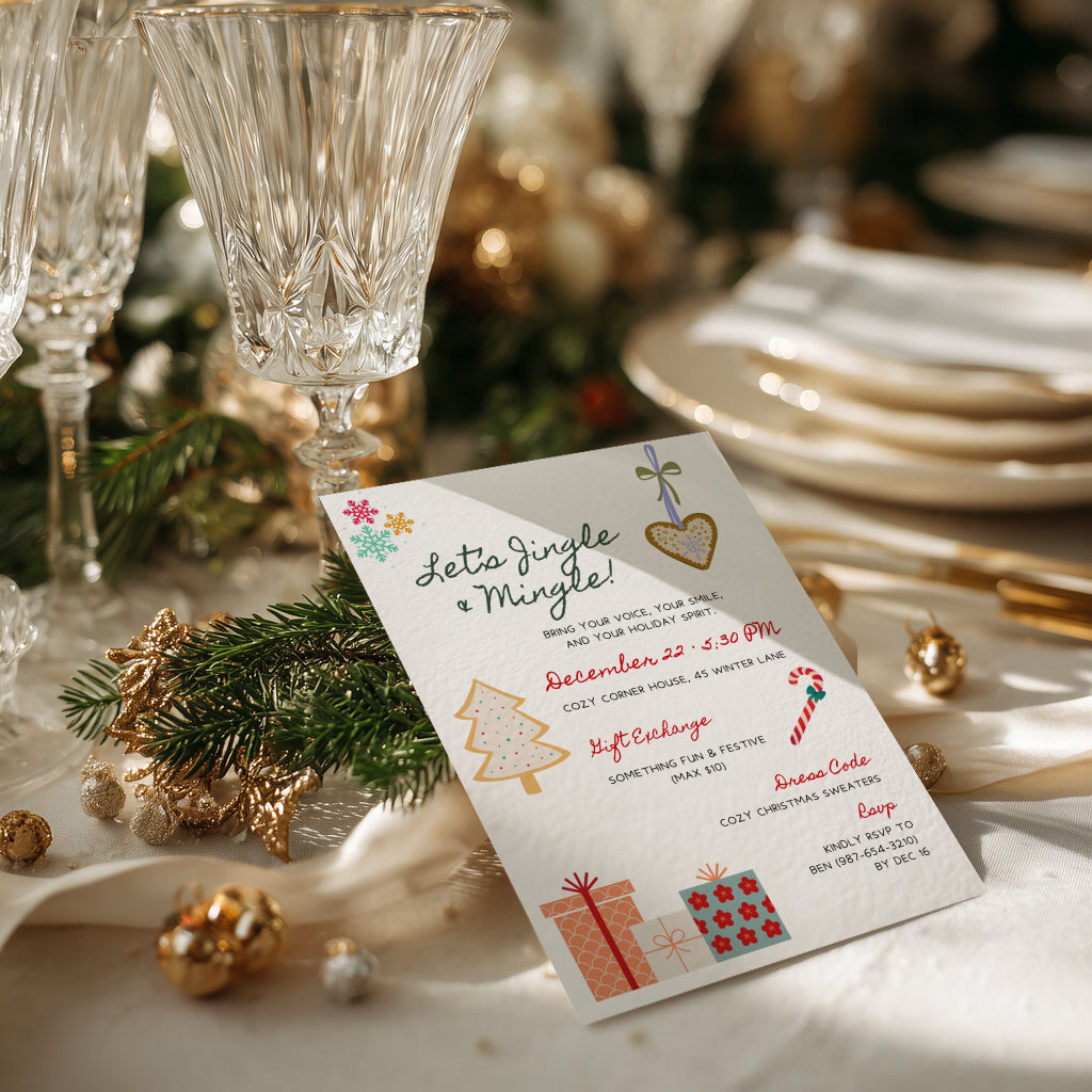 Jingle and Mingle Christmas party invitation with cozy sweater design for a festive holiday celebration