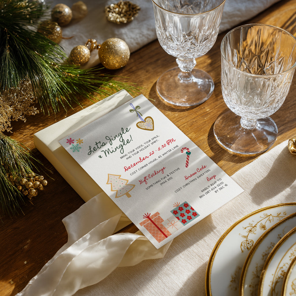 Jingle and Mingle Christmas party invitation with cozy sweater design for a festive holiday celebration
