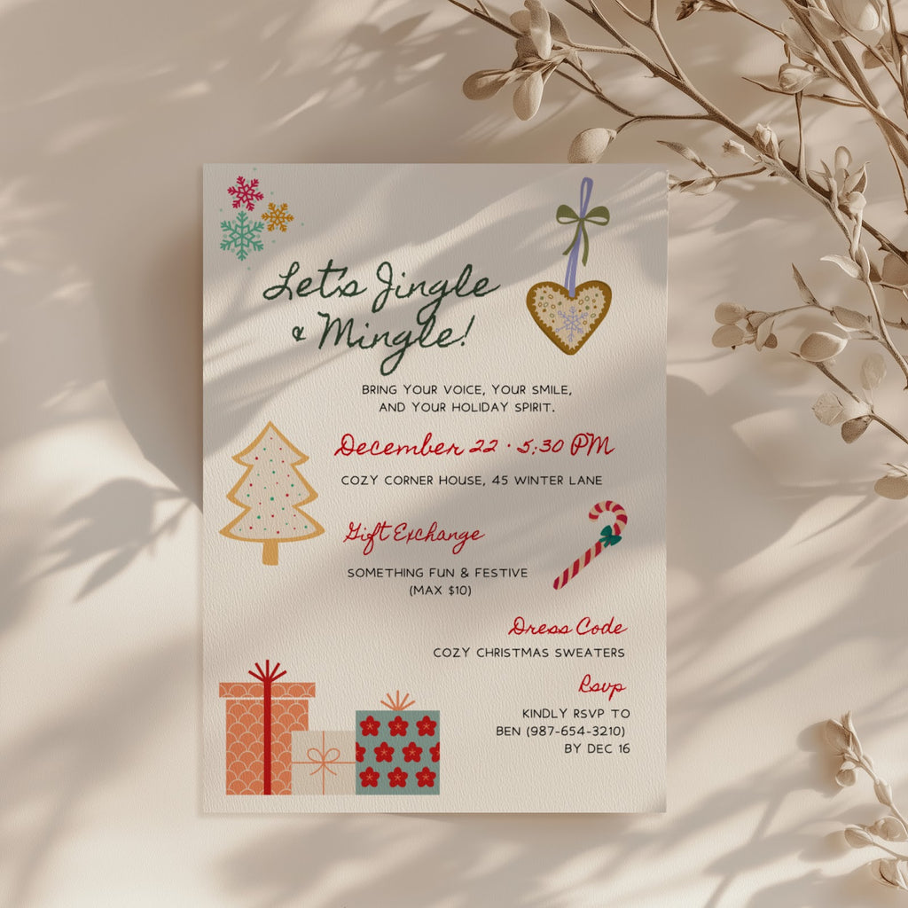 Jingle and Mingle Christmas party invitation with cozy sweater design for a festive holiday celebration