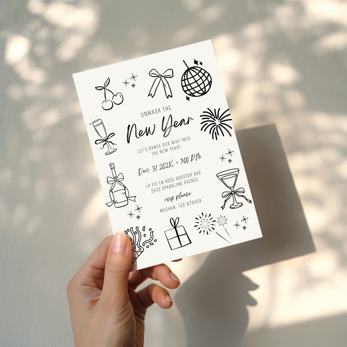 New Years Eve masquerade party invitation with minimal cream design for an elegant celebration