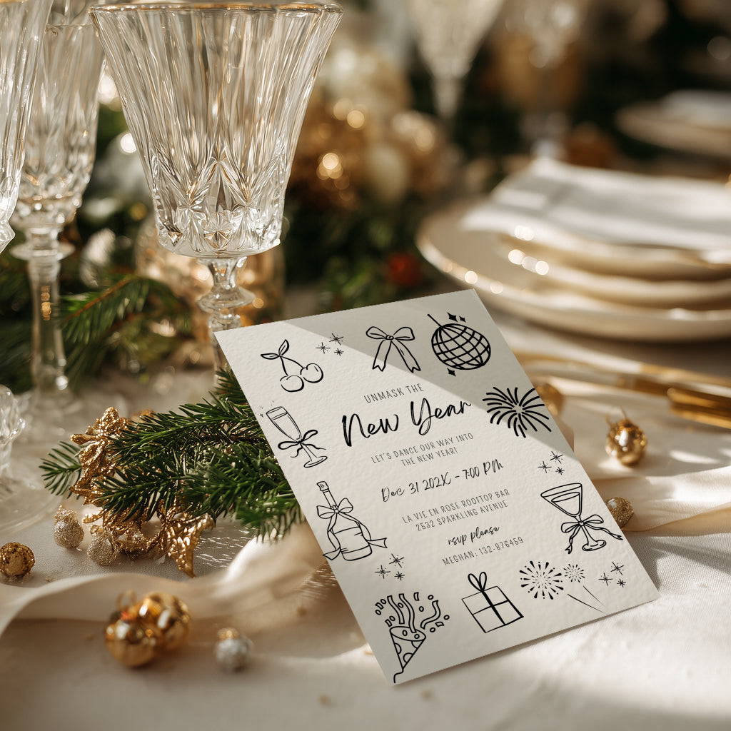 New Years Eve masquerade party invitation with minimal cream design for an elegant celebration