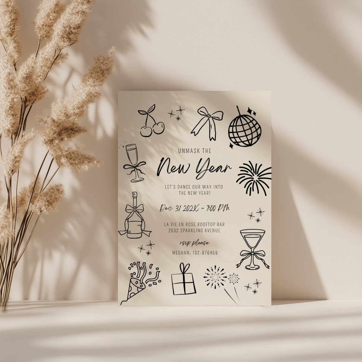 New Years Eve masquerade party invitation with minimal cream design for an elegant celebration