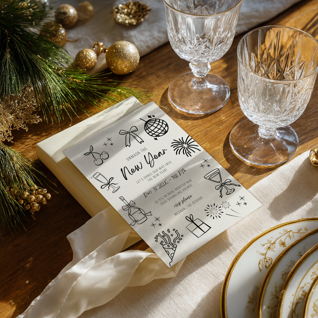 New Years Eve masquerade party invitation with minimal cream design for an elegant celebration