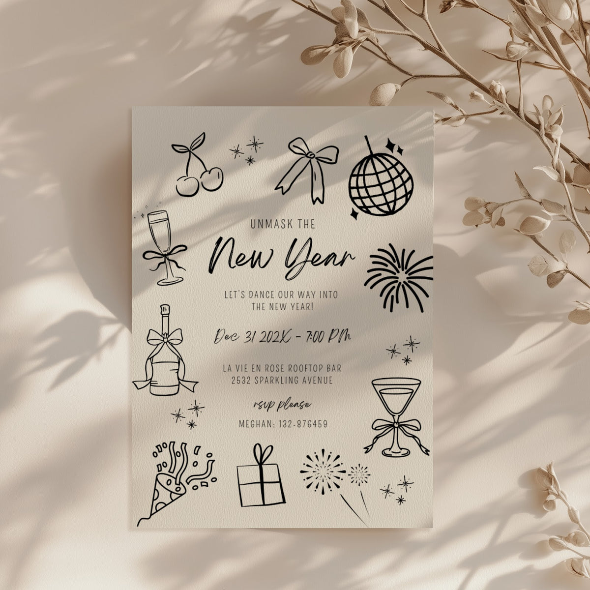 New Years Eve masquerade party invitation with minimal cream design for an elegant celebration